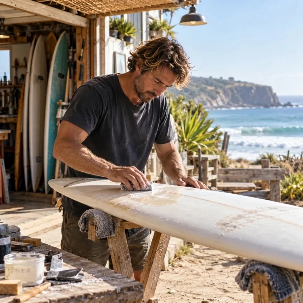 Synthetic adult sanding a surfboard, with a moderate AI arm-definition edit; clothing and working pose remain, AI preview