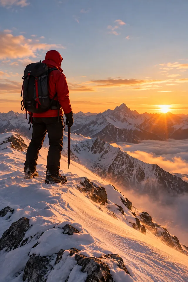 An adult mountaineer in a red jacket standing on a windswept snowy ridge at sunrise, authentic expedition photo