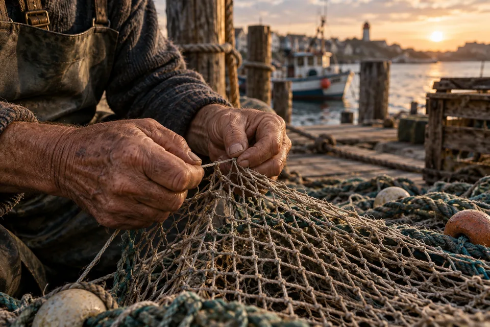 A weathered fisherman's hands repairing a net at a wooden harbor, intimate documentary macro photograph