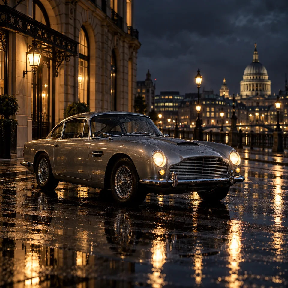 A classic silver coupe reflected in a rainy city street at night, cinematic restrained automotive photography