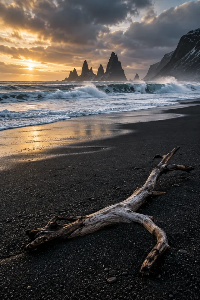 A wild Icelandic black-sand beach with breaking waves and a lone driftwood branch, dramatic landscape photo