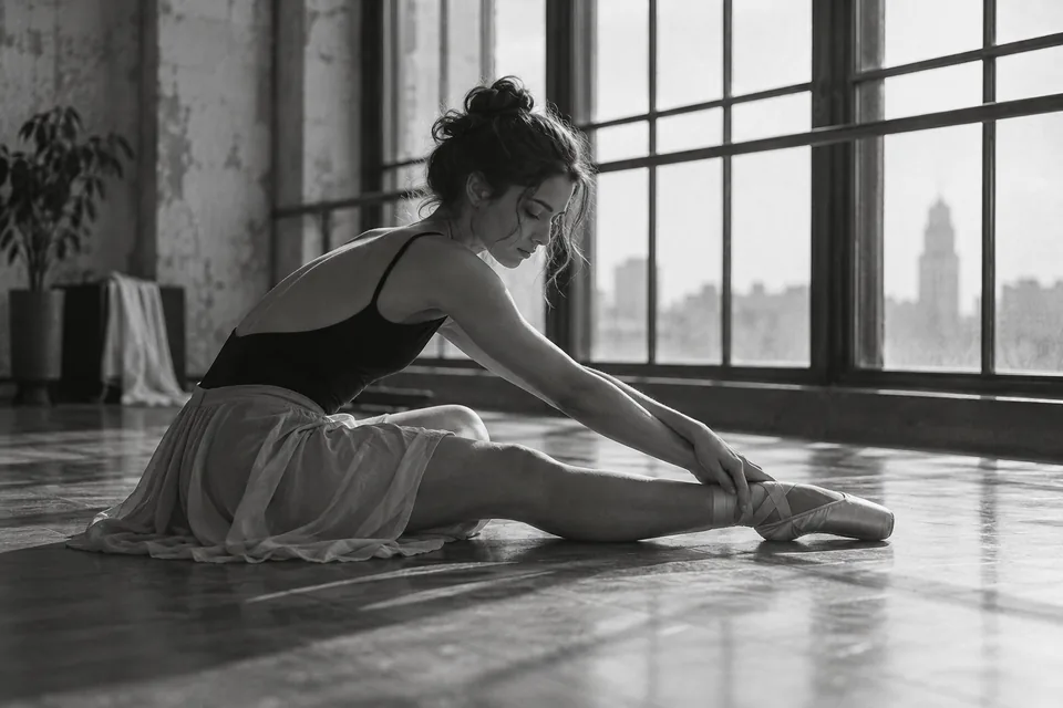 A dancer stretching beside tall studio windows, candid monochrome fine-art portrait with natural grain