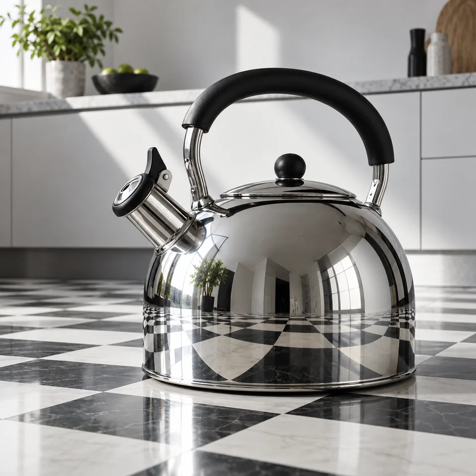 A chrome kettle reflecting a checkerboard floor in a minimalist kitchen, precise industrial product photography