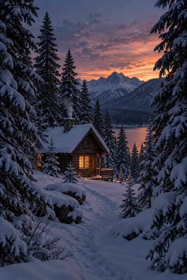 A small cabin with one warm window surrounded by dense snowy pines, atmospheric dusk photo