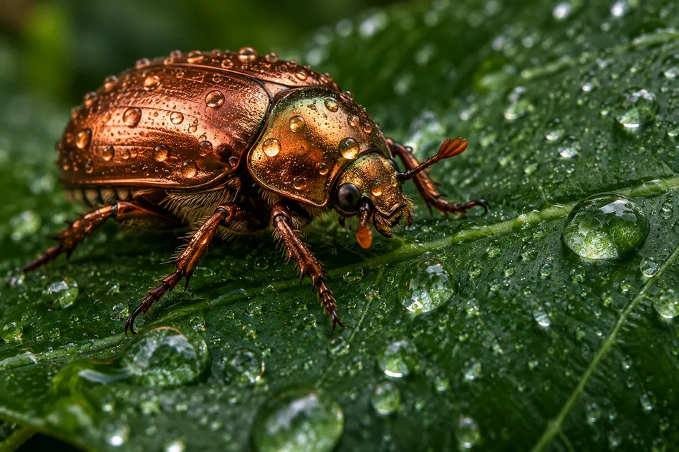 A copper beetle on a dew-covered dark green leaf, extreme macro natural detail