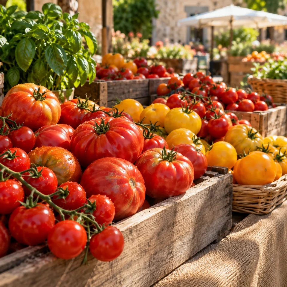 A sunlit market stall filled with ripe tomatoes in red and yellow, rich authentic food photography