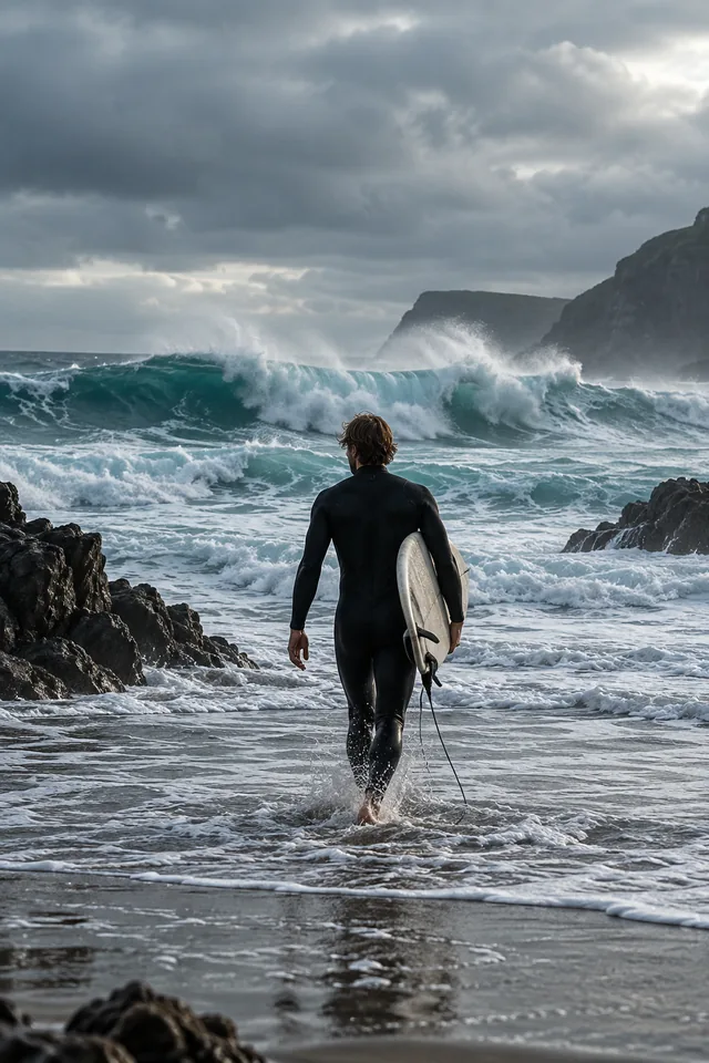A surfer walking toward rough teal waves beneath overcast skies, documentary coastal portrait