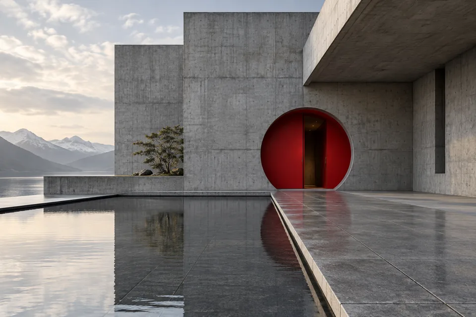 A brutalist concrete museum with a single red circular doorway, quiet architectural photograph