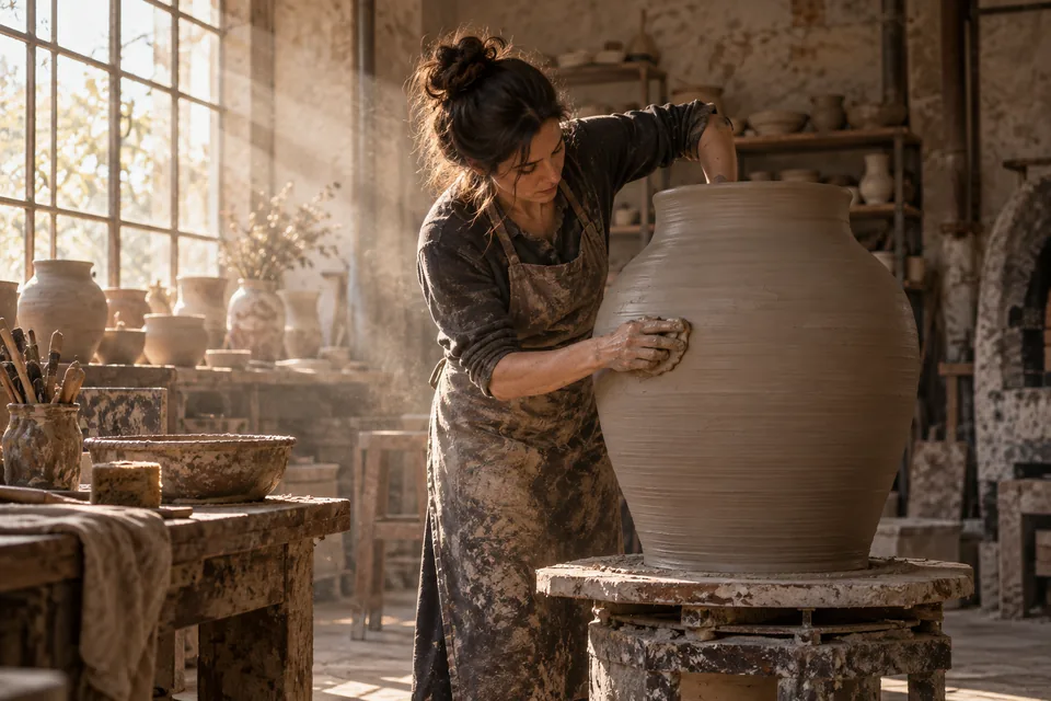 A ceramic artist shaping a large vessel in a dust-filled studio, warm natural documentary light