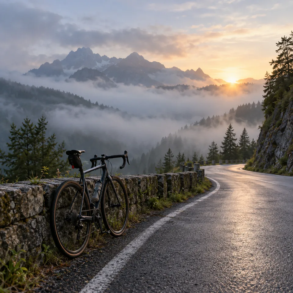 A lone bicycle beside a mountain road in early fog, understated travel photography