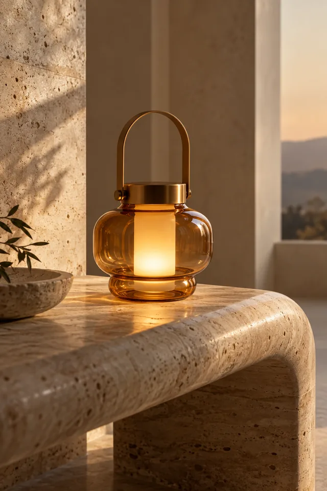 A sculptural amber glass portable lamp glowing on curved travertine, refined industrial design photograph