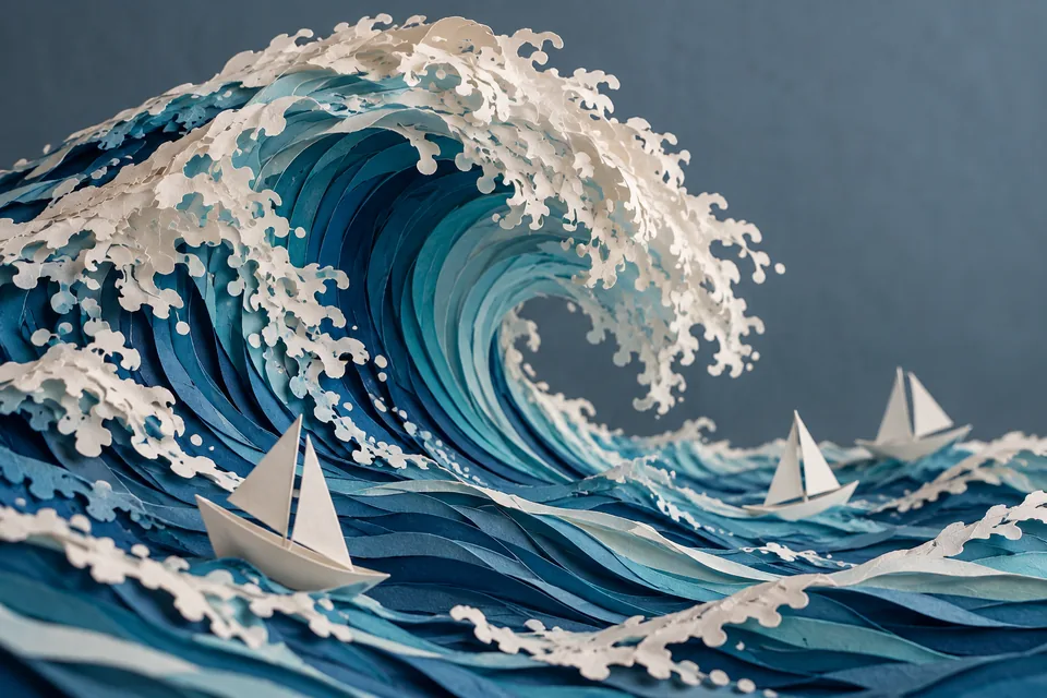A detailed paper sculpture of an ocean wave with tiny white boats, artful museum-quality studio photograph