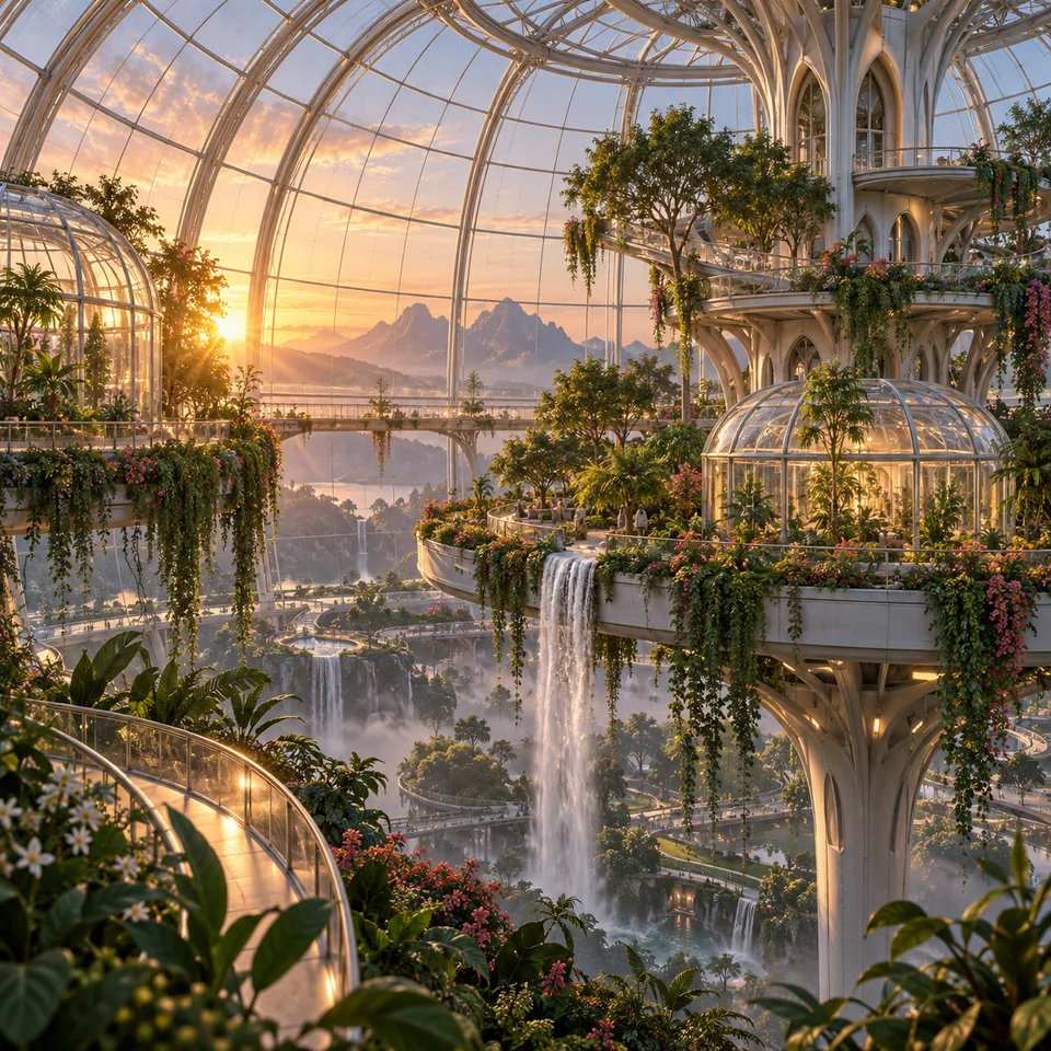 A futuristic botanical conservatory suspended inside a vast glass dome at sunrise, intricate architecture