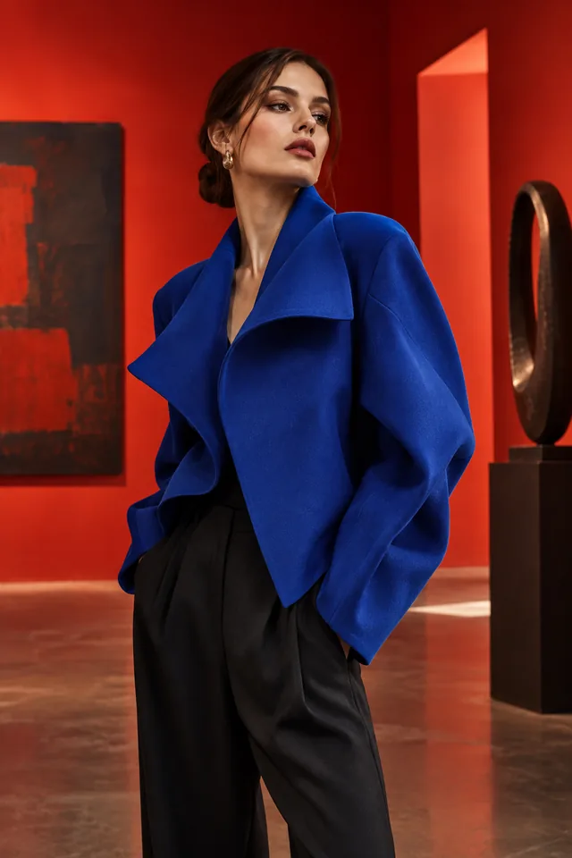 An adult fashion model wearing a cobalt sculptural jacket in a vermilion gallery, premium campaign photograph