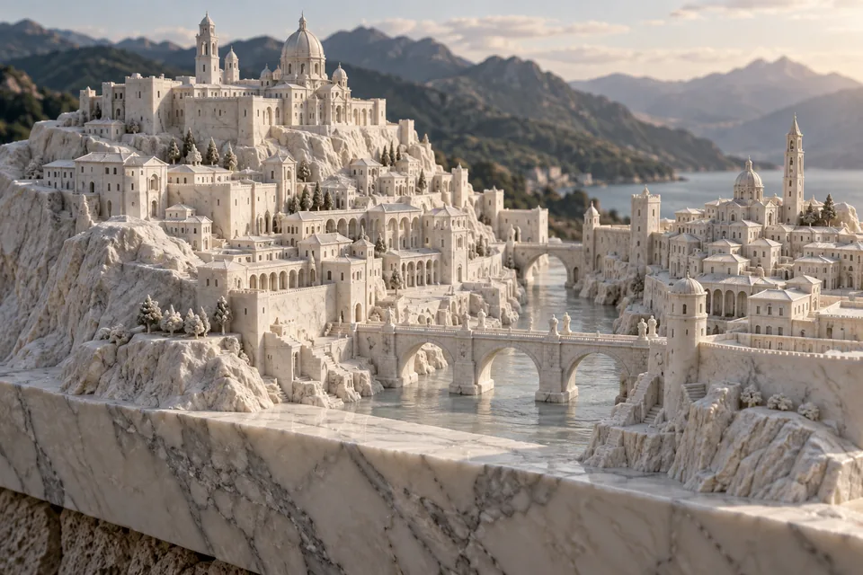 A realistic miniature city carved from a single block of white marble, exquisite architectural model