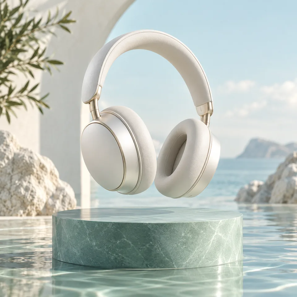 A pearl-white headphones concept floating above a seafoam podium, precise commercial product photograph