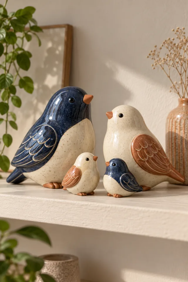 A family of ceramic birds in navy, cream and terracotta on a pale shelf, charming collectible toy photograph