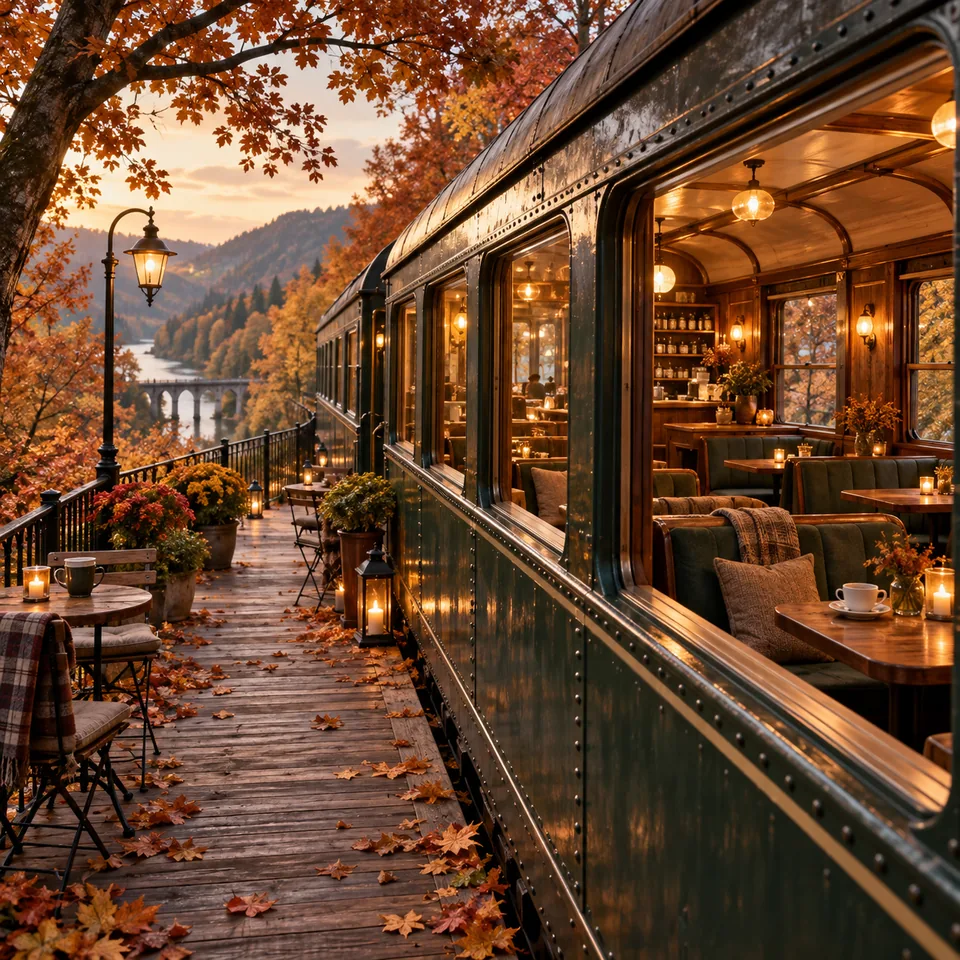 A cozy cafe inside a restored railway carriage surrounded by autumn trees, cinematic architectural scene
