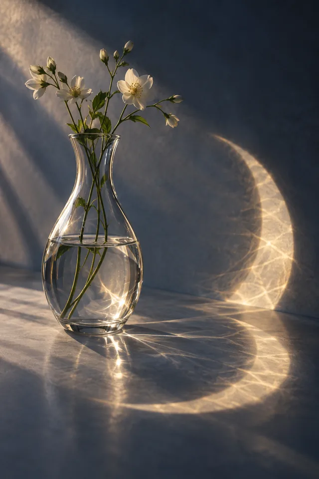 A glass vase whose reflection forms a perfect crescent moon, quiet surreal studio still life