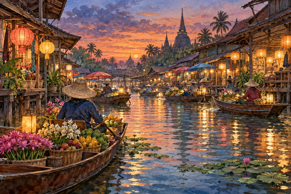 A richly layered watercolor illustration of a lantern-lit floating market at dusk, no lettering