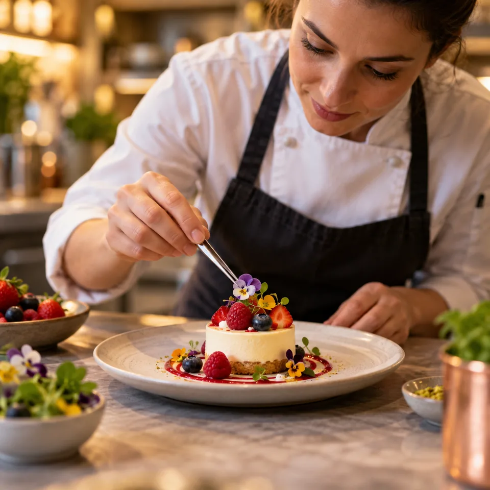 A chef plating a small colorful dessert with berries and edible flowers, warm documentary food photograph