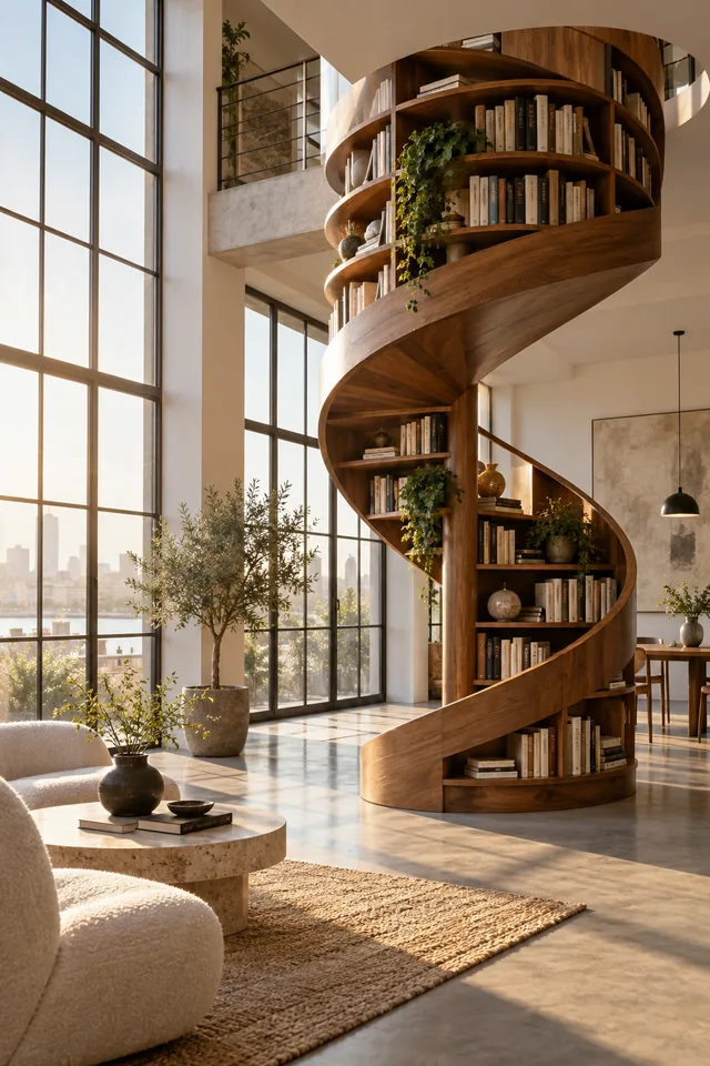 A sculptural spiral bookshelf in an airy loft with soft morning light, architectural design photography
