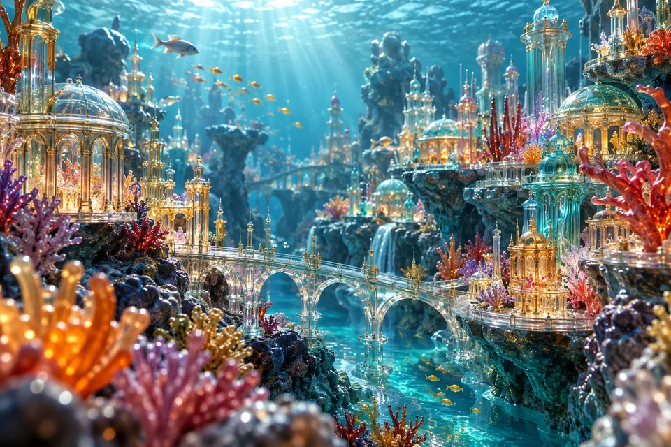 A coral reef imagined as a tiny city of translucent colored glass, elaborate macro art scene