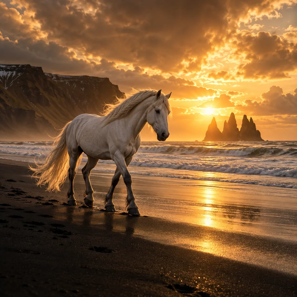 A pale horse crossing a black-sand beach beneath a dramatic golden sky, cinematic fine-art photograph