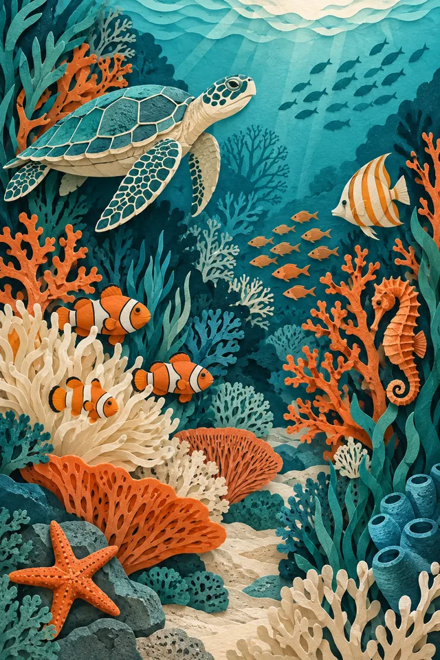 A cut-paper illustration of a coral reef with layered teal, orange and ivory sea creatures, intricate craft texture