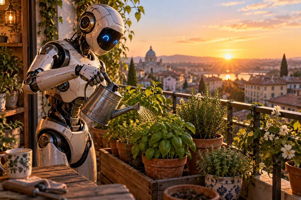 A realistic robot gardener tending a tiny balcony herb garden at sunrise, warm cinematic illustration