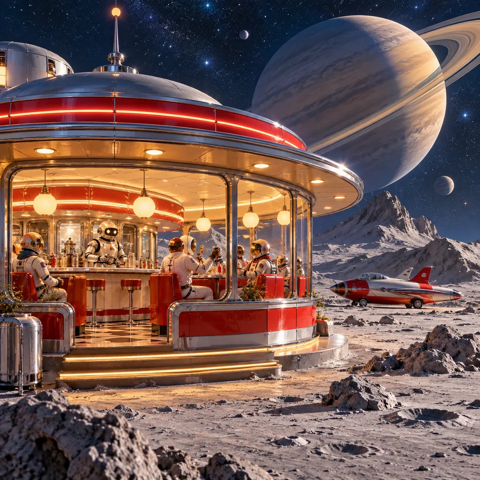 A cheerful retro space diner on a small moon with a ringed planet overhead, richly detailed illustration, no writing