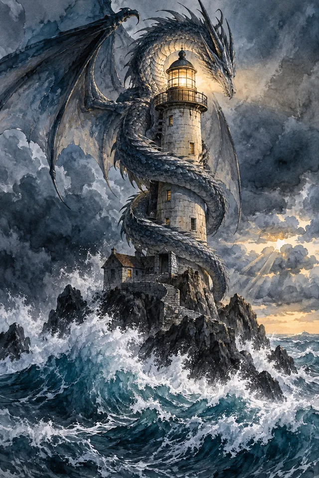 A dragon curled around a lighthouse above a stormy sea, elegant ink and watercolor fantasy illustration