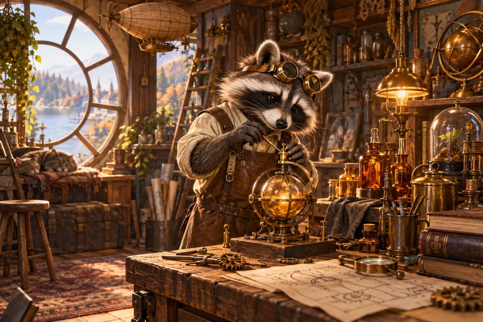 A whimsical raccoon inventor's workshop with brass tools and amber glass, detailed storybook illustration
