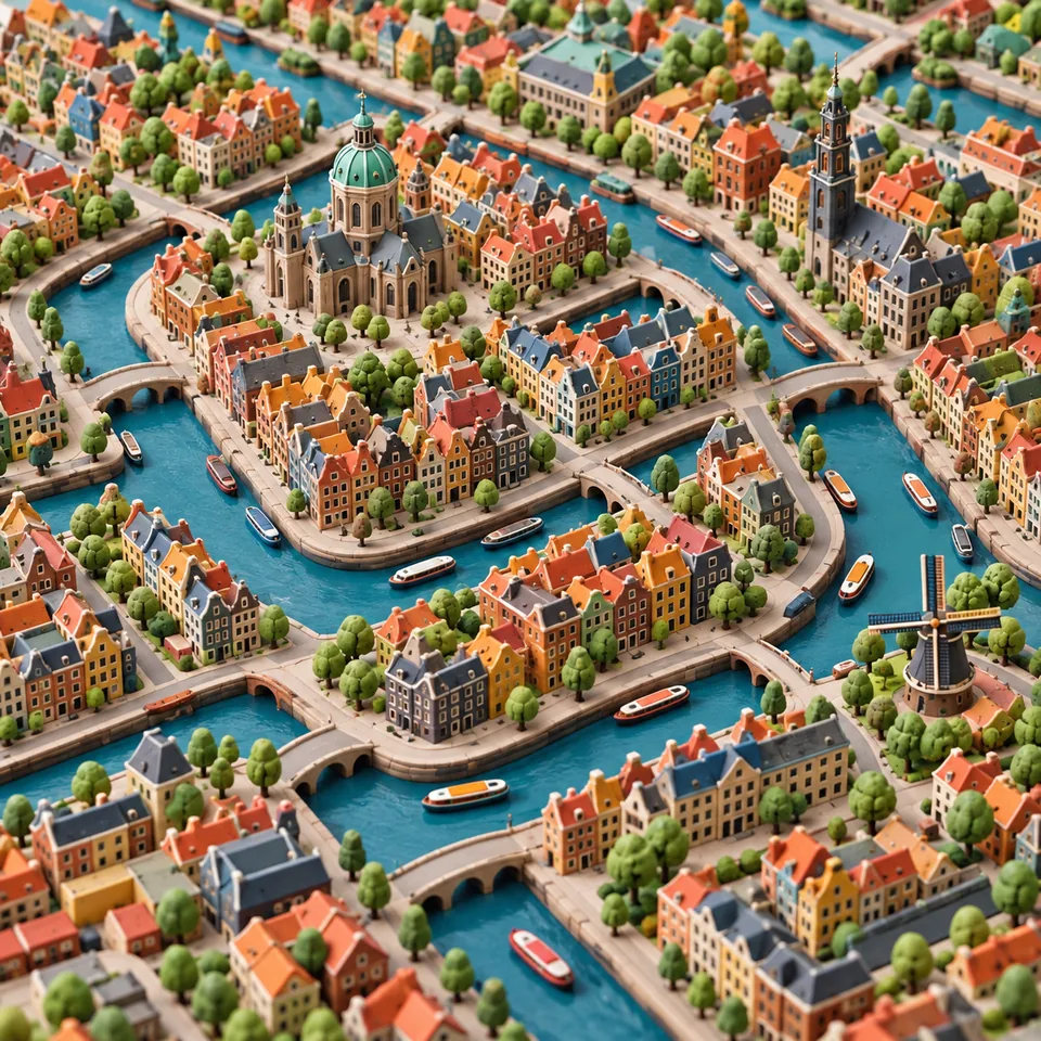 A geometric city map rendered as a physical clay model with colorful buildings and canals, no labels
