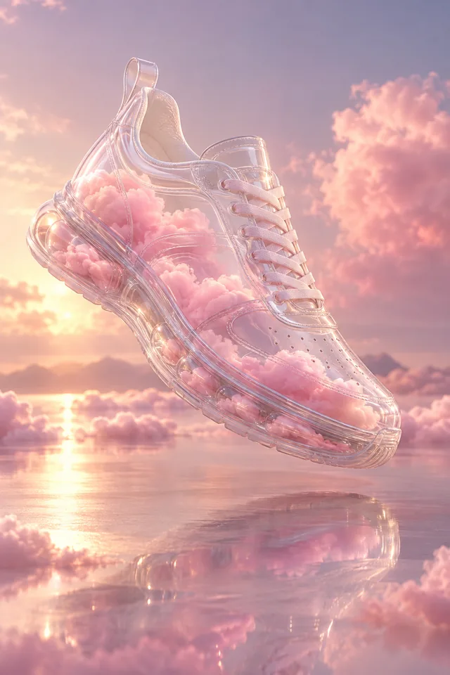 A translucent sneaker containing small pink clouds, surreal high-end studio product photograph