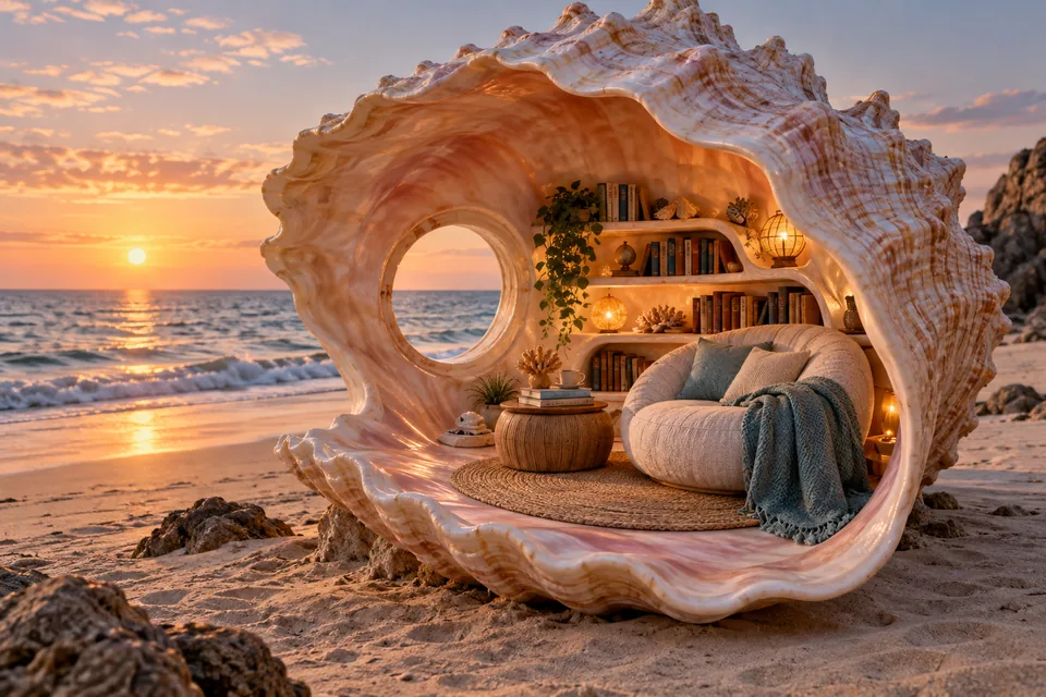 A cozy reading nook inside a giant seashell on an empty beach, imaginative architectural scene