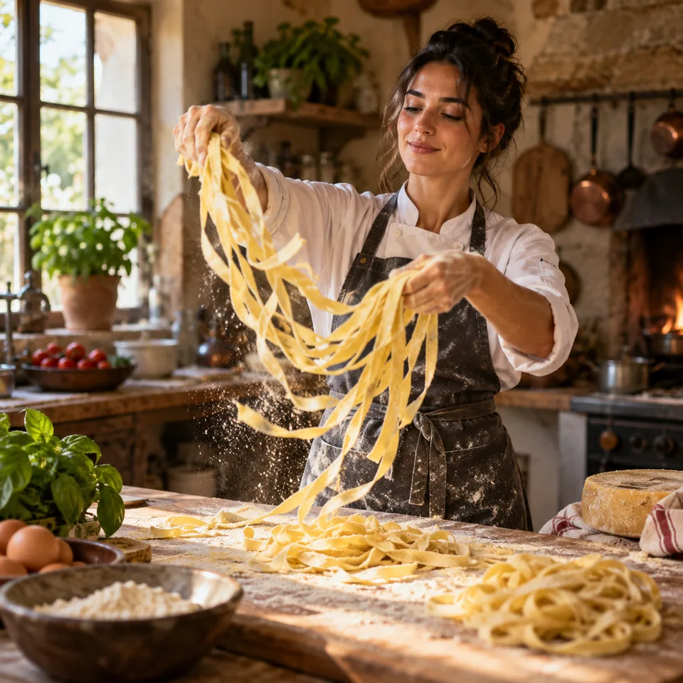 A young adult chef tossing fresh pasta in a rustic kitchen, warm authentic food documentary photograph