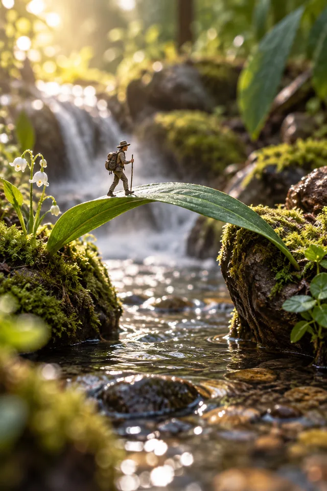 A tiny explorer crossing a bridge formed by a bent leaf over a stream, miniature fantasy photography