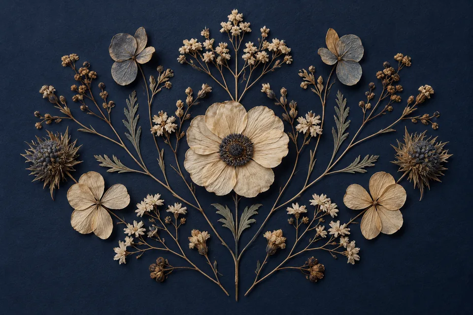 A symmetrical botanical arrangement of dried flowers on deep navy paper, delicate vintage print aesthetic