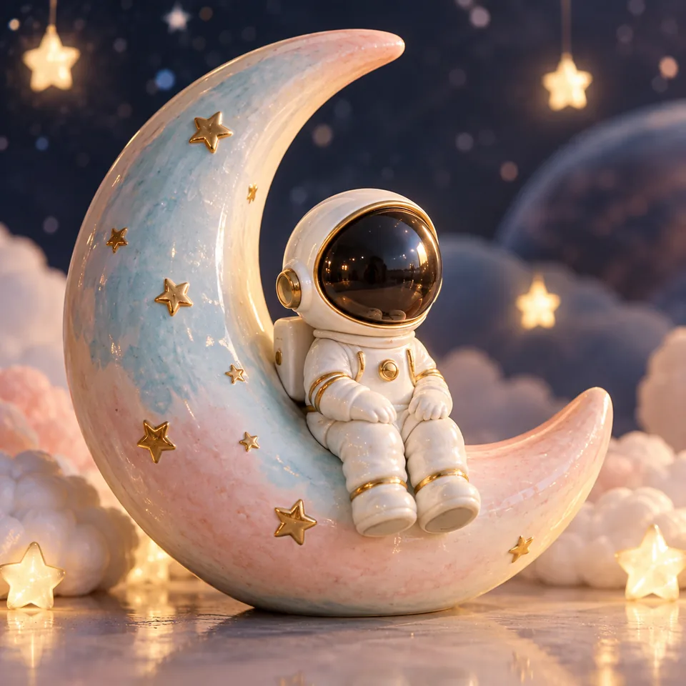 A ceramic astronaut sitting on a pastel crescent moon, collectible designer toy photograph