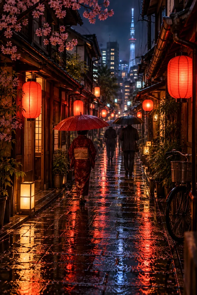 A rain-soaked Tokyo alley with red lanterns and umbrellas, cinematic night scene without readable signs