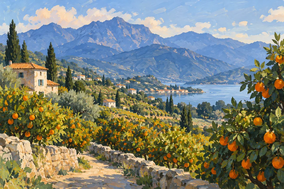 A hand-painted gouache landscape of blue mountains and orange orchards, visible brushwork and calm shapes