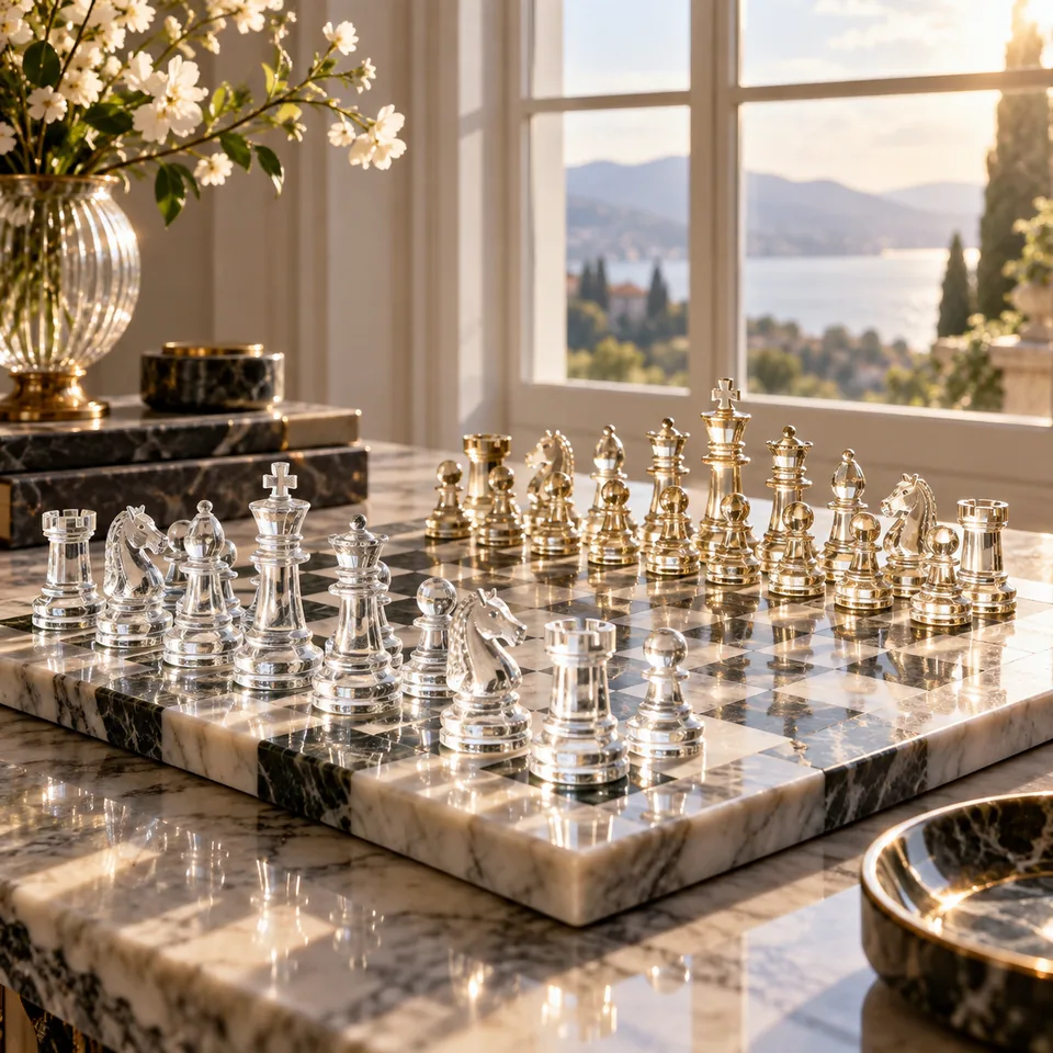 A delicate glass chess set on a marble board by a sunlit window, premium design still life