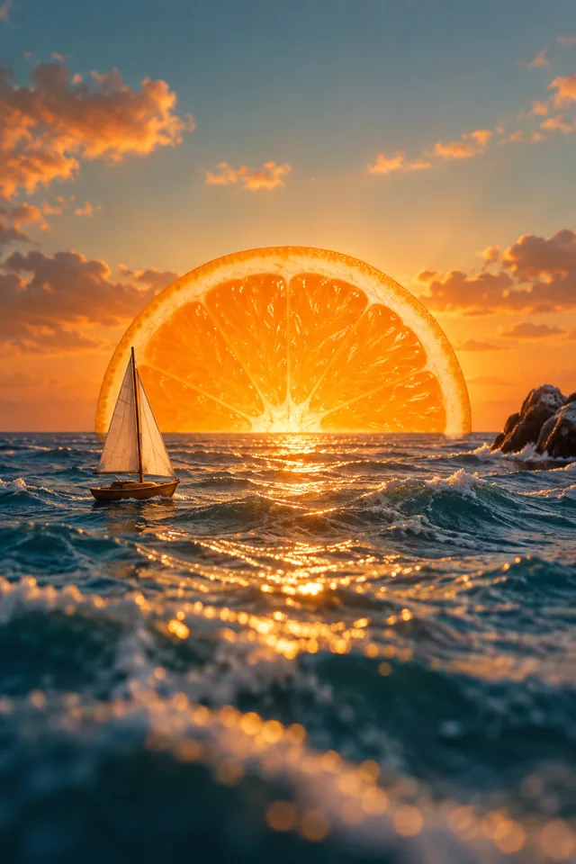 A giant orange slice rising like a sun above a miniature ocean, clever surreal studio scene