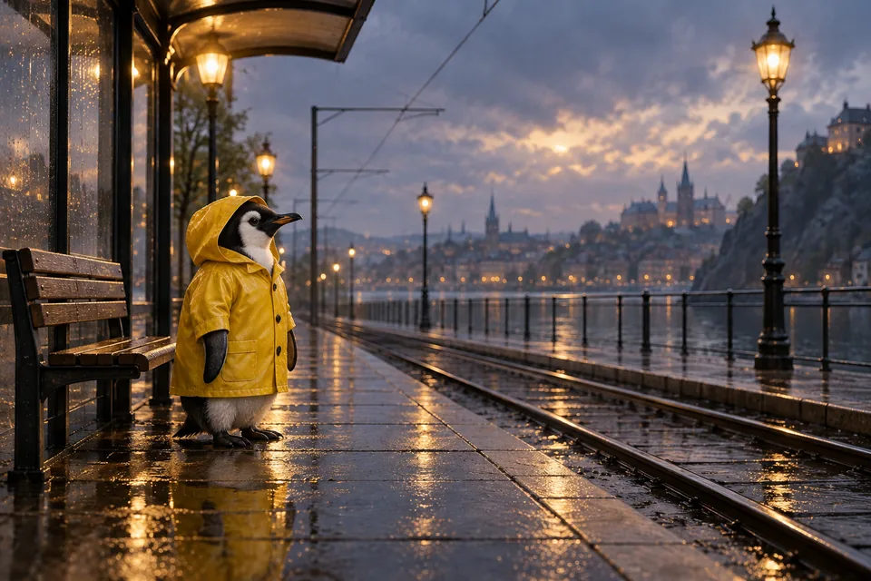 A penguin in a yellow raincoat waiting at an empty tram stop, whimsical cinematic image without signs