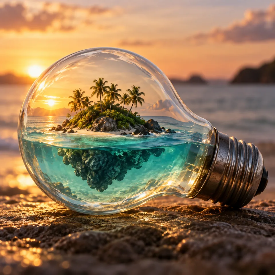 A miniature tropical island floating inside a clear light bulb, surreal premium product photograph