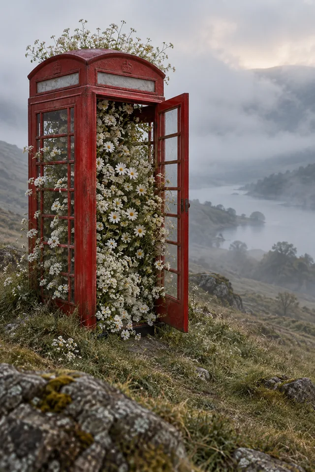 A red telephone booth filled entirely with white wildflowers on a misty hillside, fine-art photo