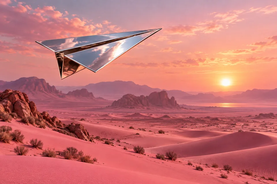 A paper airplane made of reflective chrome flying above a pink desert, surreal editorial image
