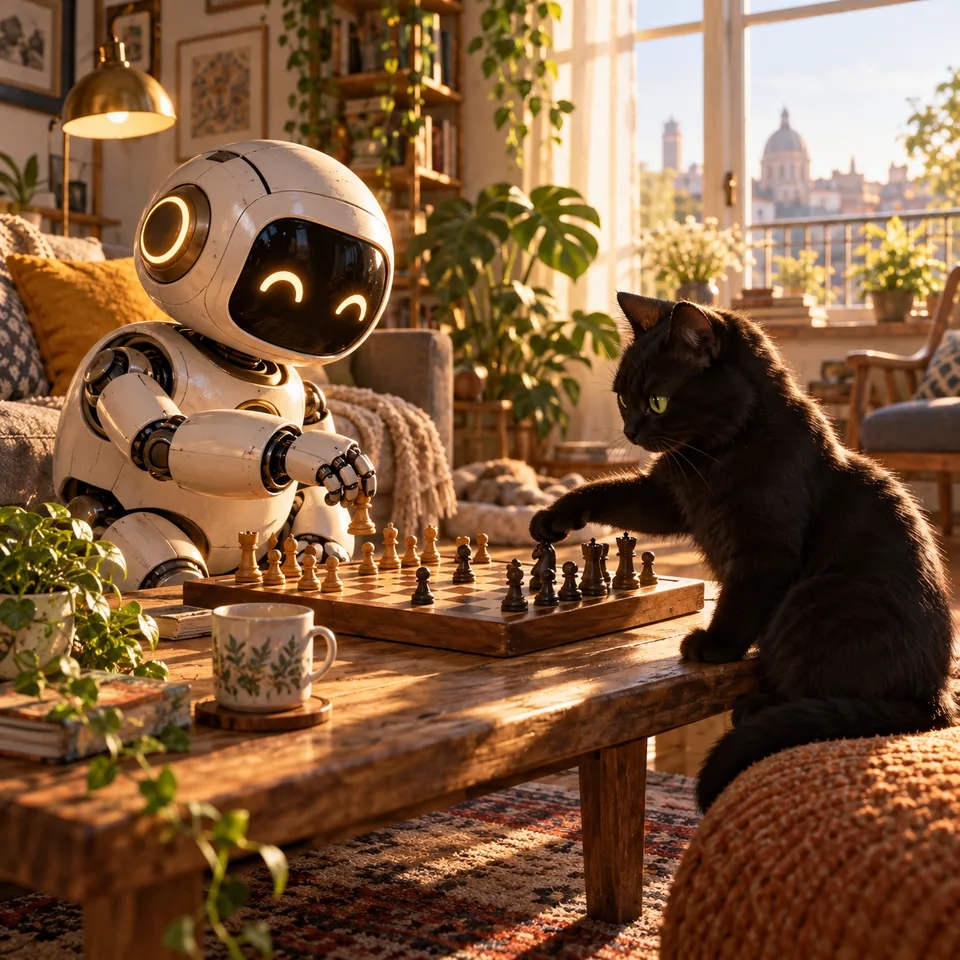 A friendly round robot playing chess with a black cat in a sunlit apartment, warm cinematic scene