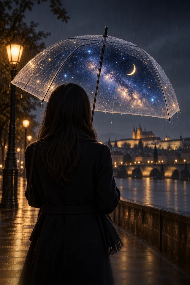 A transparent umbrella containing a glowing night sky, held by an anonymous adult from behind in the rain